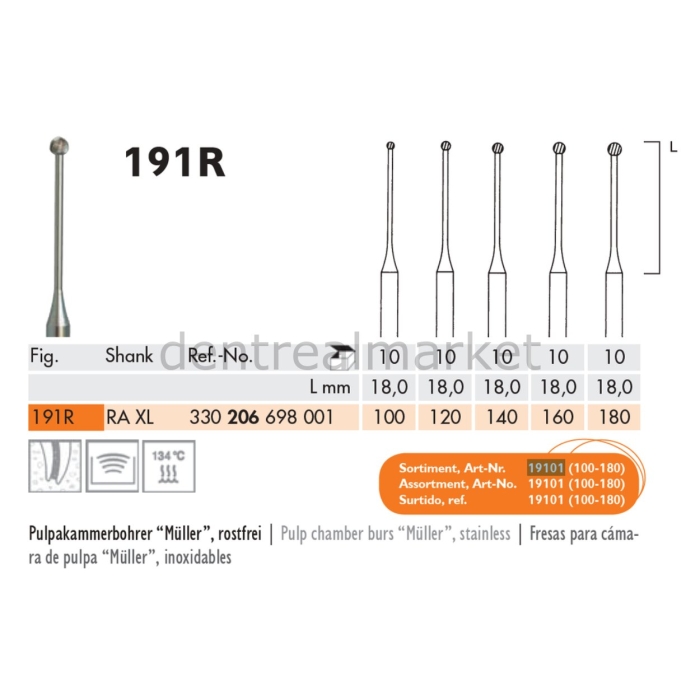 MEISINGER ÇELİK ENDODONTİ FREZ 191R Stainless Steel XL Ront 100 - 120 - 140 - 160 - 180